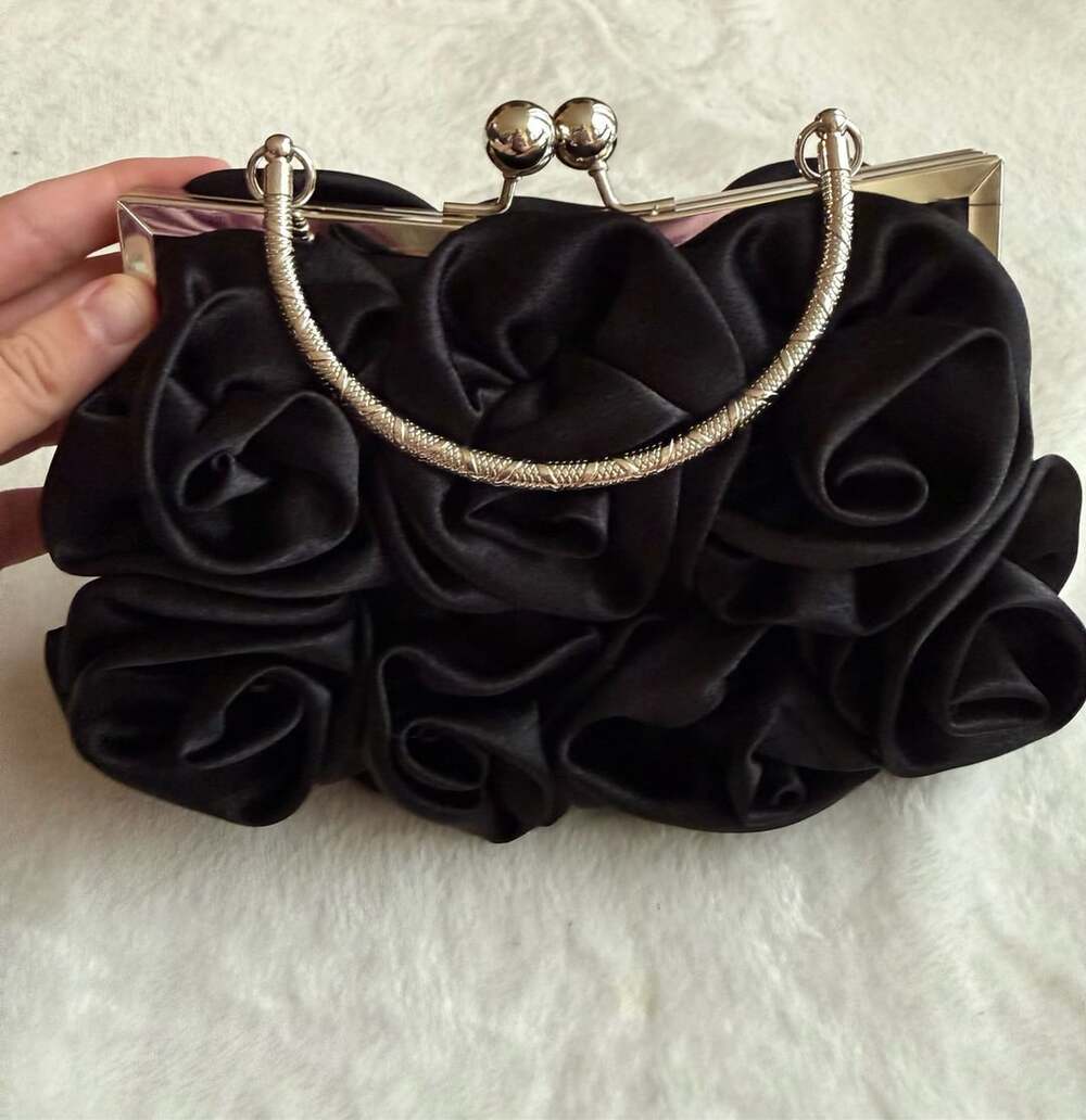 Black Satin Rose Evening Clutch Purse